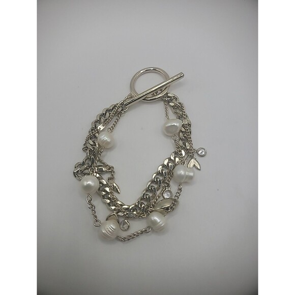 Vintage Bracelet Multi Strand Silver Tone Imitation Pearl Crystals Jewelry - Picture 10 of 11